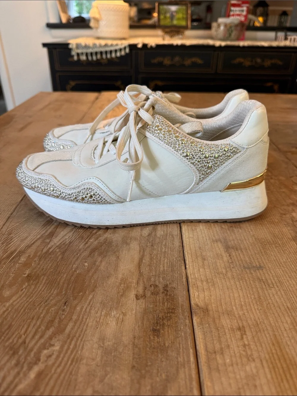 Michael Kors White Kids Sneakers with Gold Rhinestone Accents
